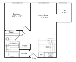 A floor plan for a one bedroom apartment.